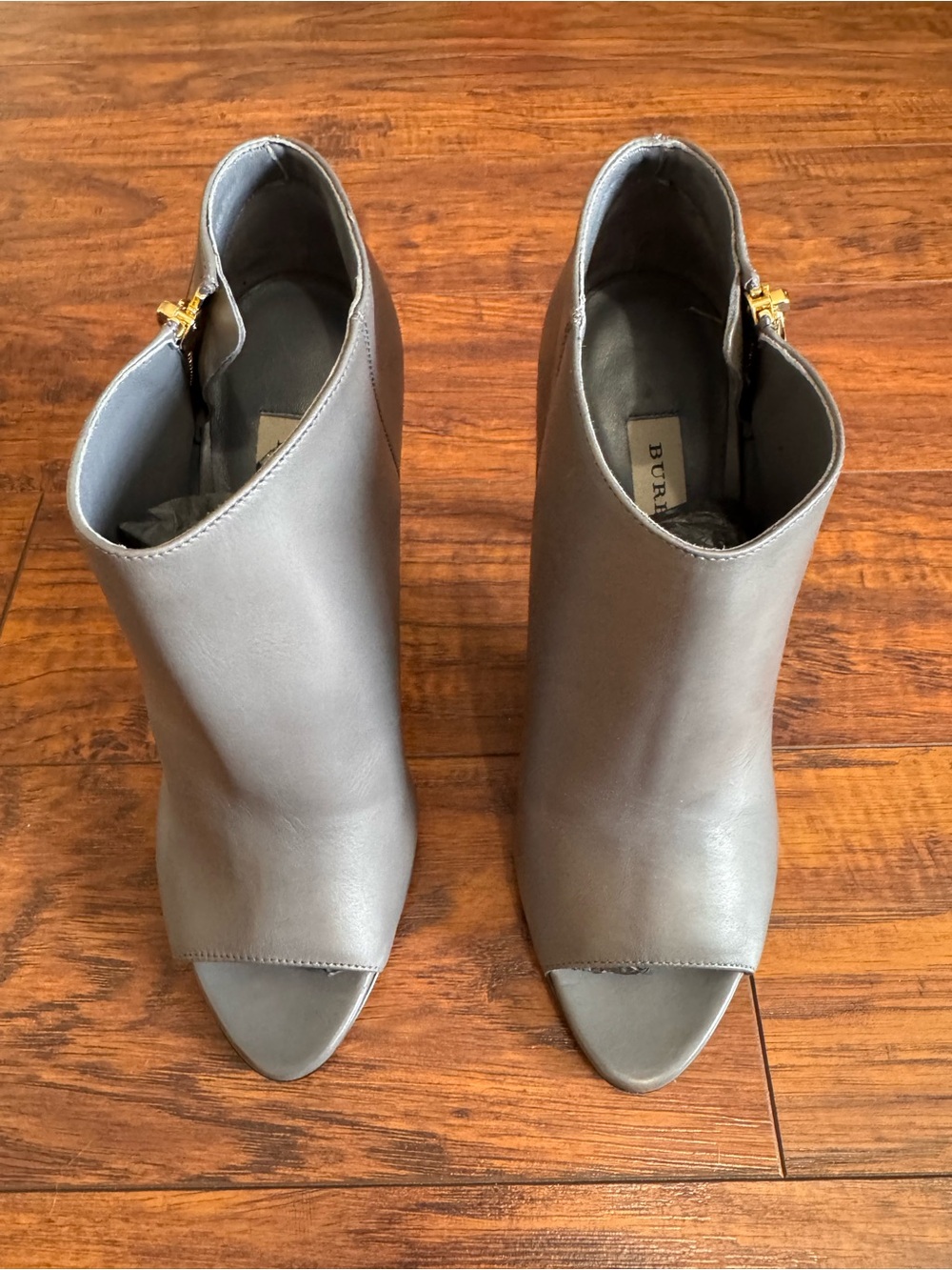 Burberry Gray Leather Peep-Toe Ankle Booties with Gold Zipper